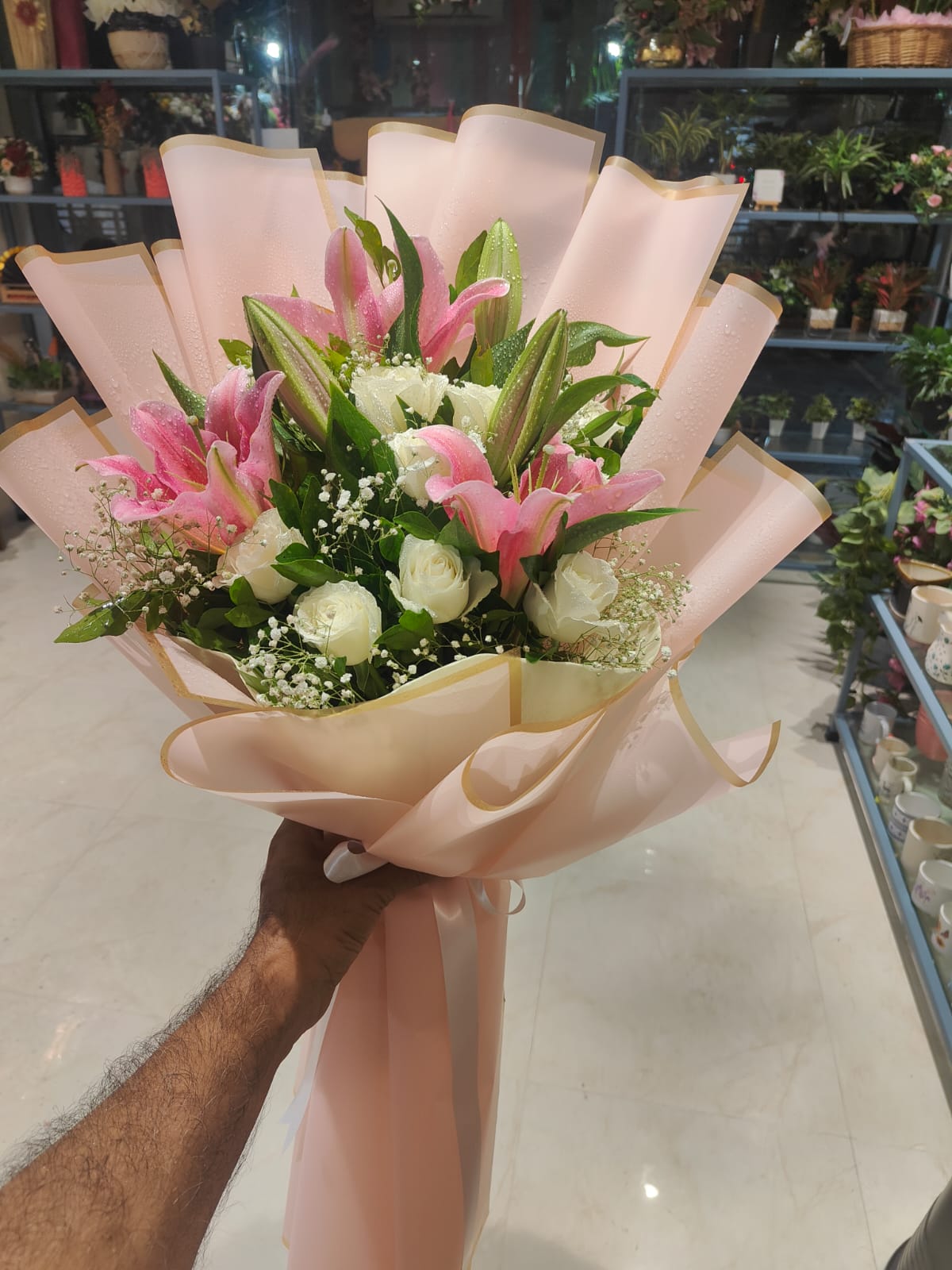 Blush Lily & White Rose Hand-Tied Bouquet